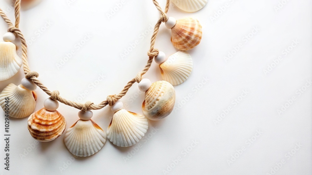 Minimalist seashell necklace with natural shells and string isolated on white background Minimalist seashell necklace with natural shells and string isolated on white background
