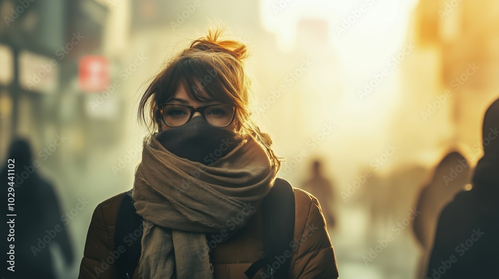 A woman walking in a city, covering her face with a scarf, wearing glasses, during a foggy day. A woman walking in a city, covering her face with a scarf, wearing glasses, during a foggy day.