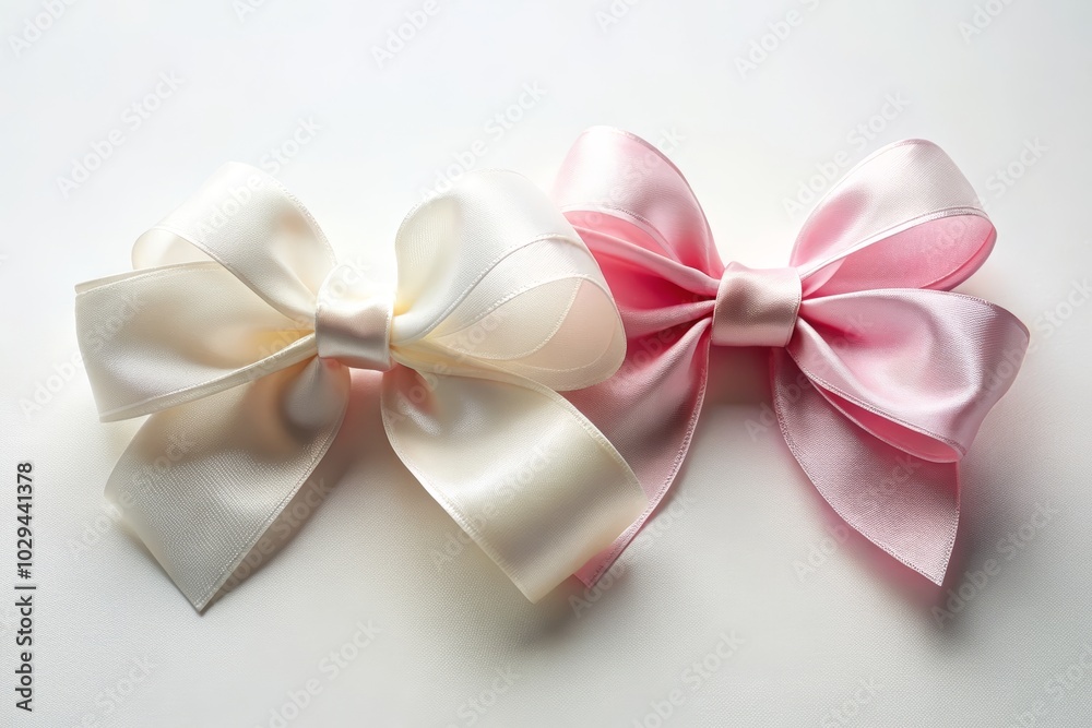 Elegant Minimalist Photography of a White Bow Ribbon and Beautiful Pink Ribbon Bow Closeup on a Pure White Background for Stylish Decor and Gift Wrapping Inspiration Elegant Minimalist Photography of a White Bow Ribbon and Beautiful Pink Ribbon Bow Closeup on a Pure White Background for Stylish Decor and Gift Wrapping Inspiration