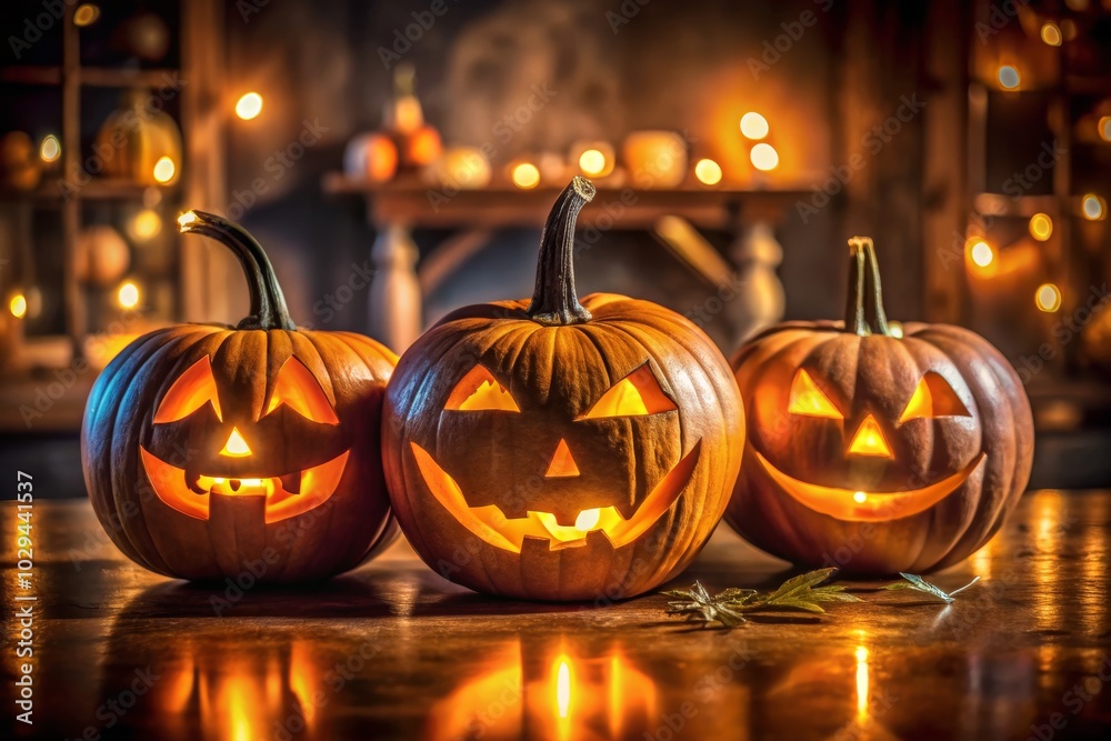 Fototapeta premium Festive Halloween Scene with Glowing Jack-o'-Lanterns and Copy Space for Text
