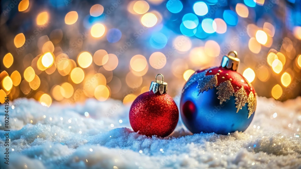 Festive Red and Blue Ornaments on Snow with Blurred Christmas Background - Perfect for Holiday Celebrations and New Year Greetings Festive Red and Blue Ornaments on Snow with Blurred Christmas Background - Perfect for Holiday Celebrations and New Year Greetings