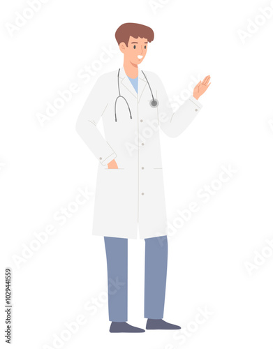 Young male doctor raises his hand up isolated on white background. Character for presentation, medical information, annoucement, hospital, health care content. Flat vector illustration.