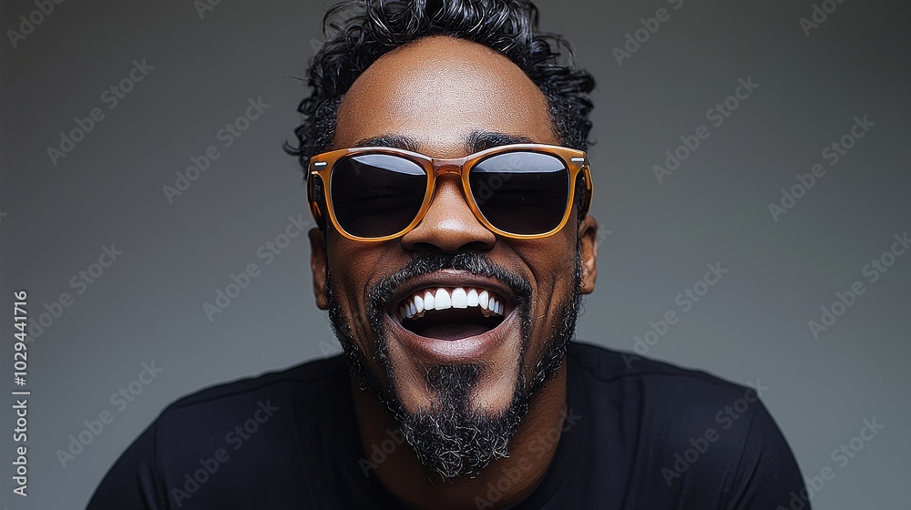 Obraz premium A joyful man wearing sunglasses and smiling brightly in a dark, simple backdrop during a relaxed indoor setting