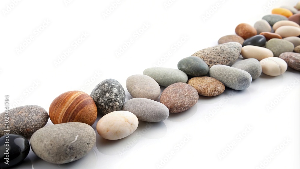 Sea pebbles arranged in leading lines on white background Sea pebbles arranged in leading lines on white background