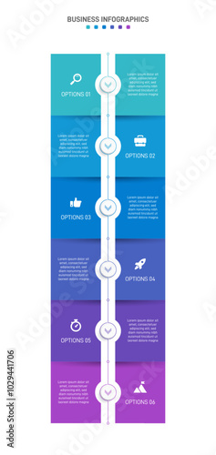 Vertical progress bar featuring 6 arrow-shaped elements, symbolizing the six stages of business strategy and progression. Clean timeline infographic design template. Vector for mobile presentation.