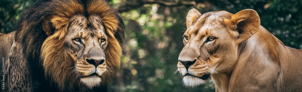 The male and female lions stand closely together, gazing attentively, surrounded by dense greenery in their natural habitat The male and female lions stand closely together, gazing attentively, surrounded by dense greenery in their natural habitat