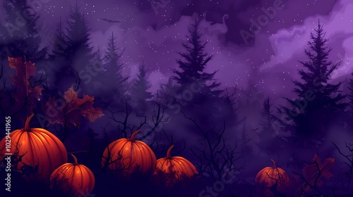 Halloween background, pumpkins, dark trees, fog, night sky, purple theme, large top left copy space, detailed vector art, spooky foliage. photo