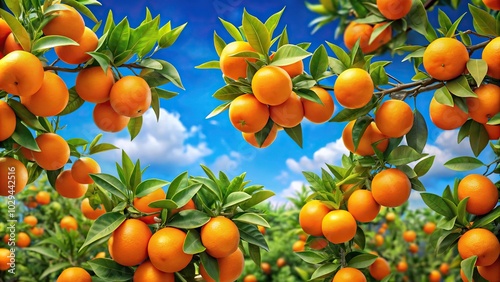 Seamless pattern of oranges on branches with green leaves against a blue sky