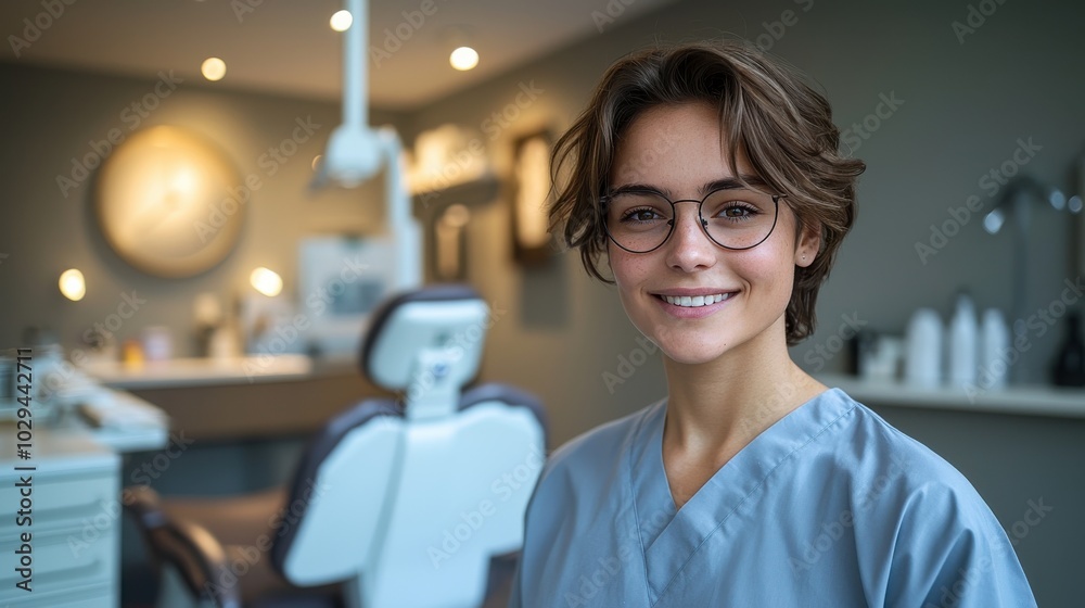 A smiling dental assistant in scrubs stands confidently in a modern dental clinic during daytime A smiling dental assistant in scrubs stands confidently in a modern dental clinic during daytime