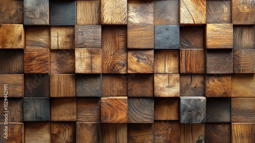 Close-up texture of a natural 3D wooden wall with varying shades of brown and grey wood blocks arranged in a geometric pattern. Perfect for backgrounds, interior decor, or wall art design.