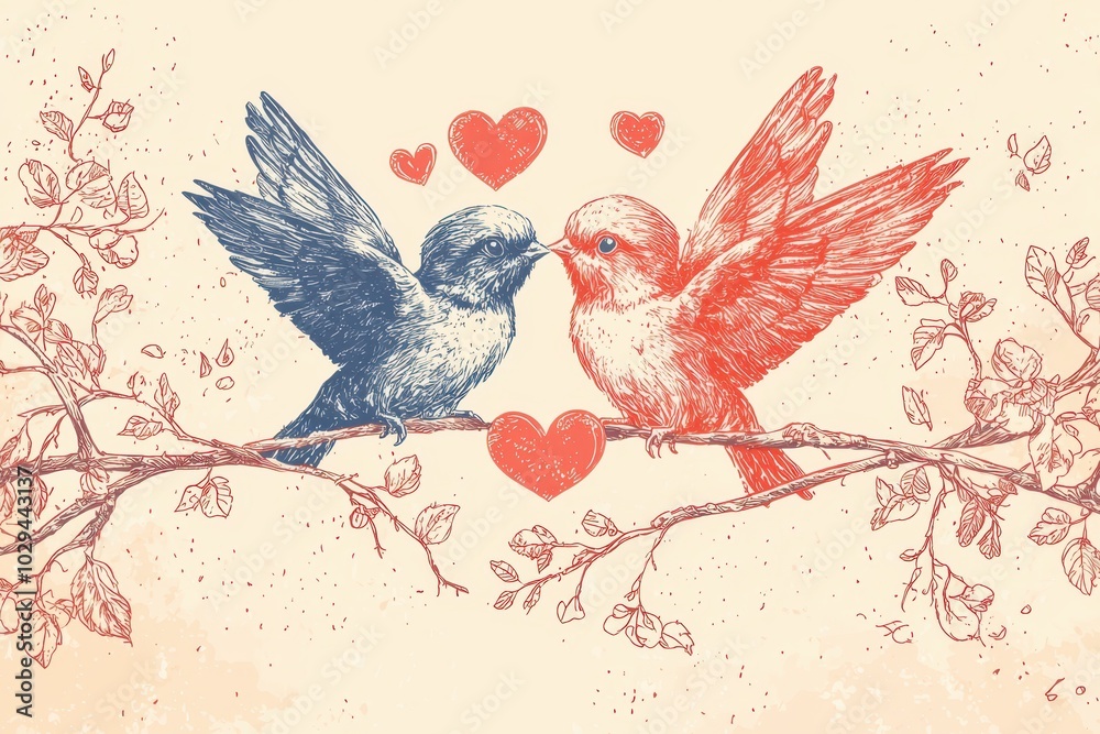 Obraz premium A playful and charming banner featuring adorable illustrations of cupids and lovebirds, perfect for celebrating love and romance with a whimsical and lighthearted design..