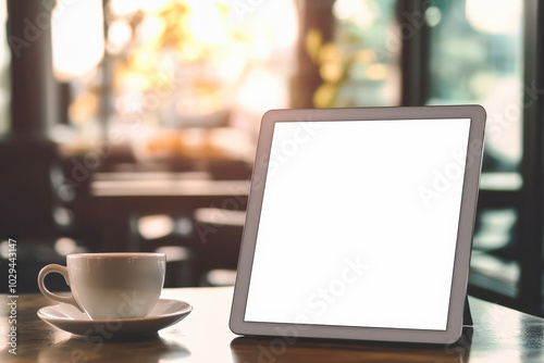 Mockup empty, blank tablet screen, on a table in a coffee shop, with a cup beside, beautiful sunlight