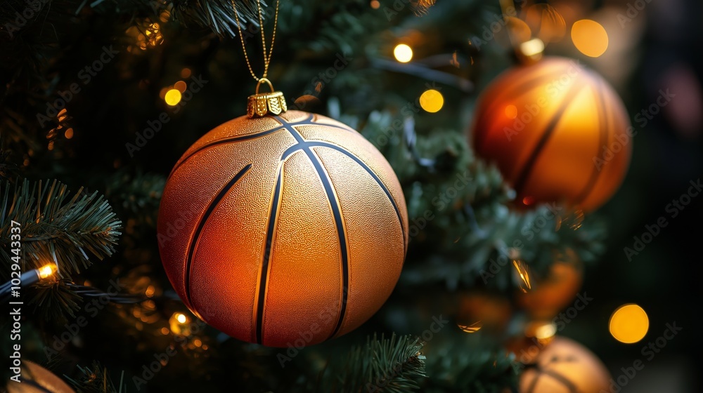 Basketball-themed ornaments adorn a Christmas tree, bringing festive cheer and a unique twist to holiday decorations Basketball-themed ornaments adorn a Christmas tree, bringing festive cheer and a unique twist to holiday decorations