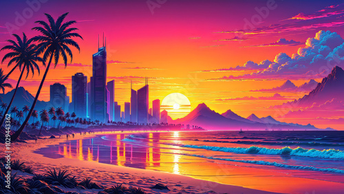 synthwave beach sunset scenery, a beautiful beach with an orange sunset and relaxing waves, waves, mountains, palm trees, miami, 80s, warm, colourful, summer vibes, golden times