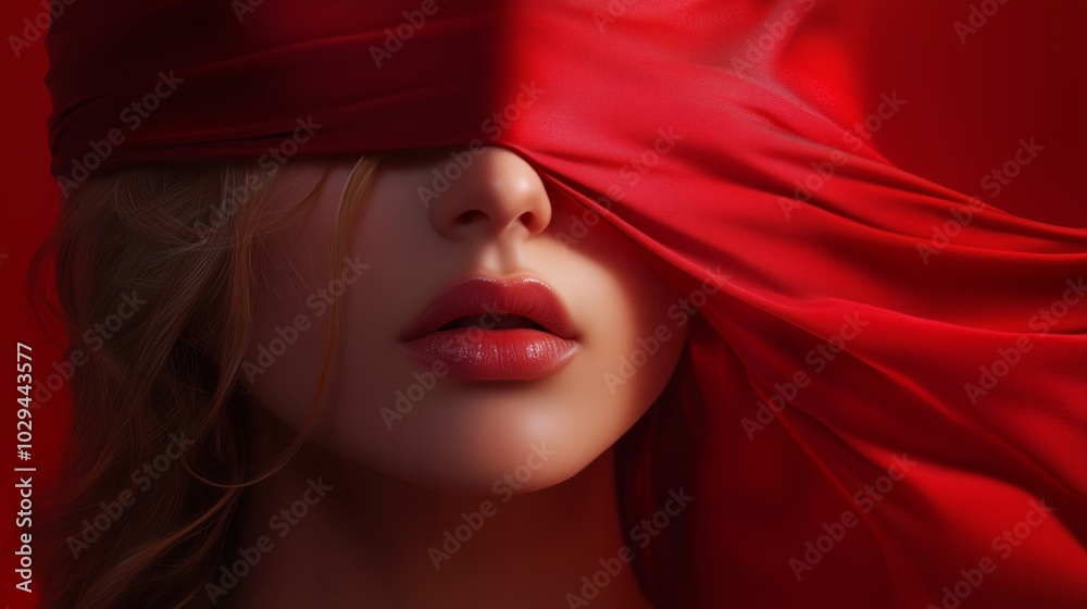 A woman with flowing red fabric covering her eyes, expressing emotion in an artistic portrait