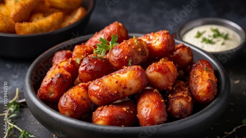 Delicious curry sausages in a deep fryer.