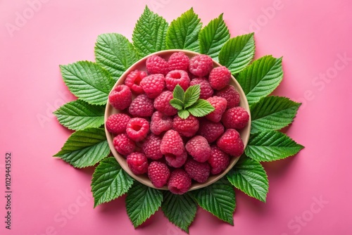 Stunning Drone Photography of Fresh Raspberries with Green Leaves on a Soft Pink Circular Background for Vibrant Food and Fruit Imagery