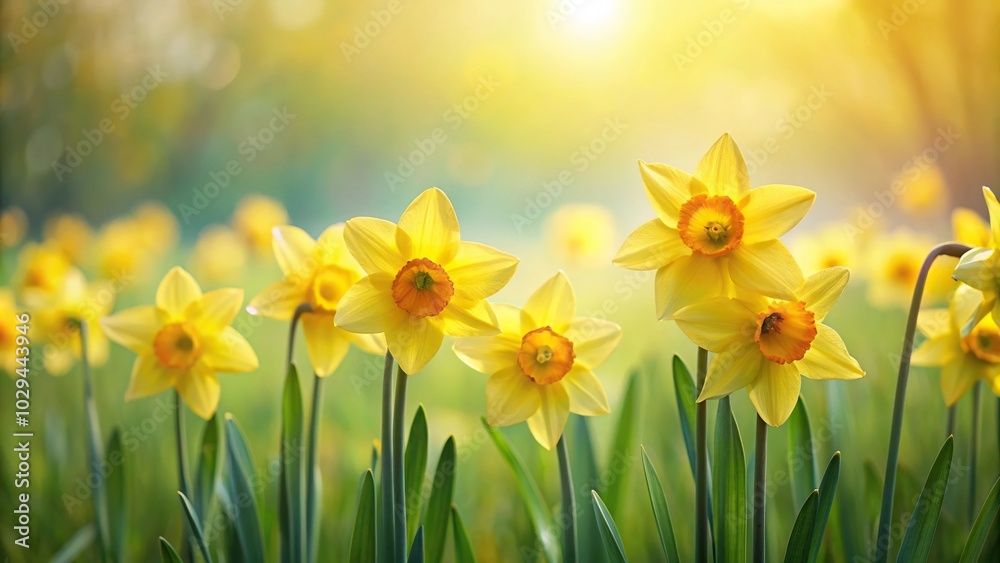 Minimalist spring flower field with bright yellow Easter bells daffodils Narcissus Minimalist spring flower field with bright yellow Easter bells daffodils Narcissus