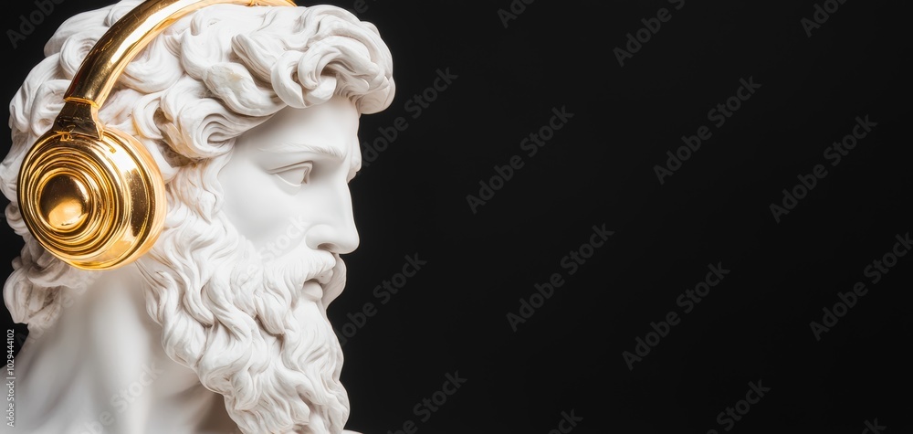 Classical sculpture of bearded figure with gold headphones, elegant contrast between ancient art and modern technology, regal and stylish Classical sculpture of bearded figure with gold headphones, elegant contrast between ancient art and modern technology, regal and stylish