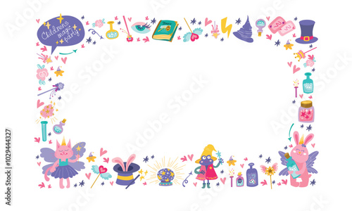 Magic party frame horizontal banner on white background. Frame with farytaile cat, rabbit and frog. Hand drawn set of magic animals and elements. Vector illustration cartoon style.