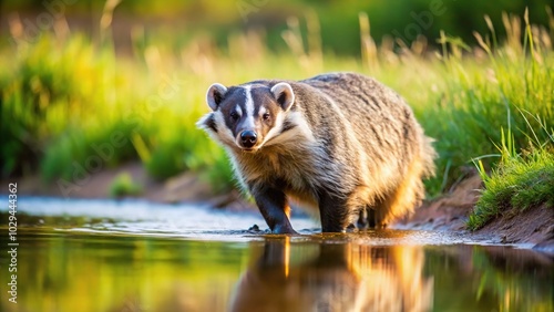 North American badger cub walking away from water in summer long shot photo