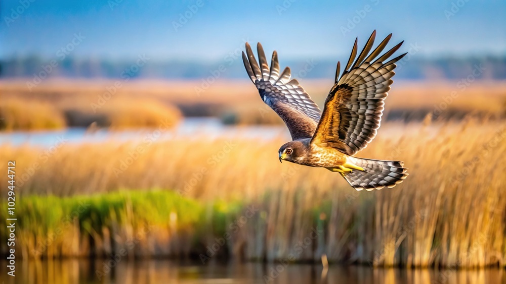 Fototapeta premium Northern Harrier flying over marshland searching for prey