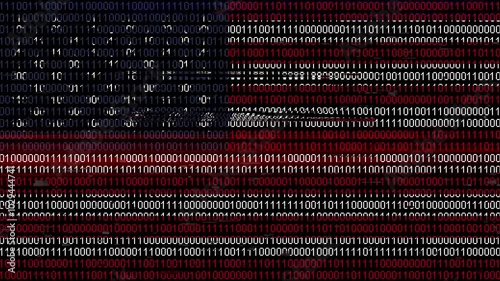 Binary code on flag of United States. Program source code or Hacker concept on American or United States of America flag. USA digital technology security, hacking or programming concept.
