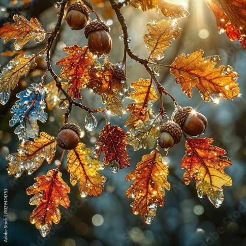 Autumn oak leaves with acorns and ice crystals on a sunny day