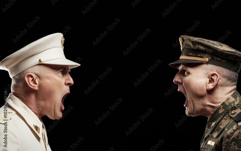 Military drill sergeant in a tense confrontation, shouting at recruit, focus on strict training and discipline, commanding presence Military drill sergeant in a tense confrontation, shouting at recruit, focus on strict training and discipline, commanding presence