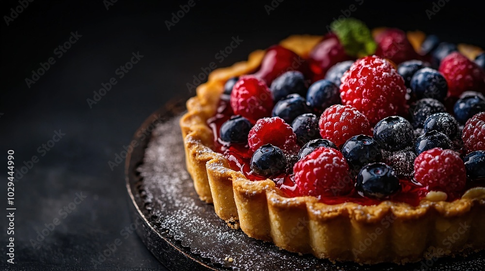 A tart with berries and blueberries on a brown plate, black surface, with a green leaf above it A tart with berries and blueberries on a brown plate, black surface, with a green leaf above it