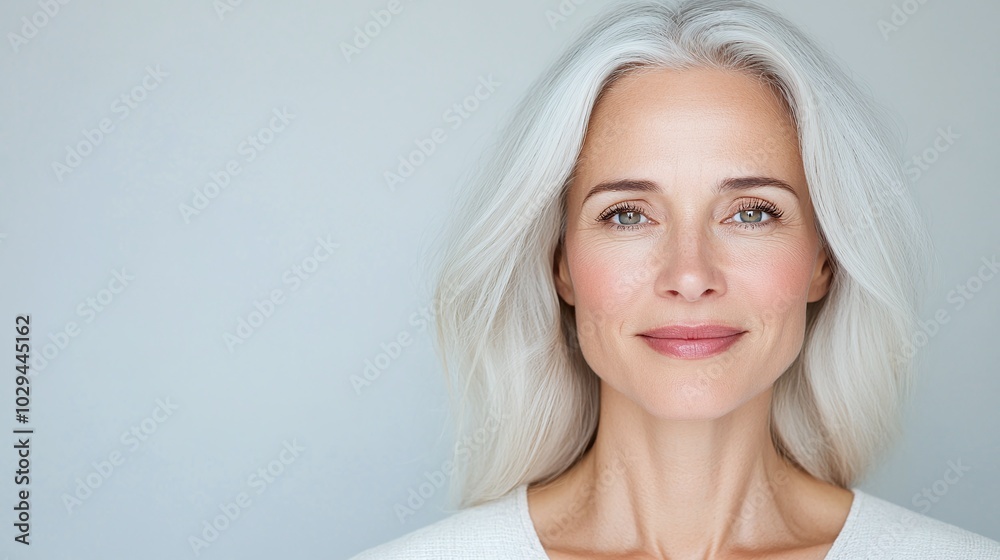 Elegant portrait of a mature woman with long silver hair, natural makeup, and soft smile. Studio shot with light blue background and copy space, ideal for beauty, lifestyle, and wellness themes.
Elegant portrait of a mature woman with long silver hair, natural makeup, and soft smile. Studio shot with light blue background and copy space, ideal for beauty, lifestyle, and wellness themes.