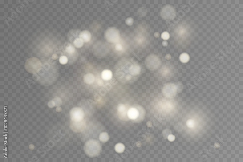 Light abstract glowing bokeh highlights. Light bokeh effect isolated on transparent background. The Christmas background shines from the dust. Christmas concept for design and illustrations.