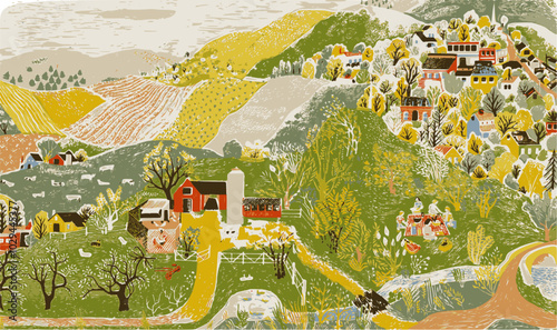  colorful stylized illustration of a countryside scene with rolling hills, farmhouses, a red barn, a small town, and a family having a picnic.