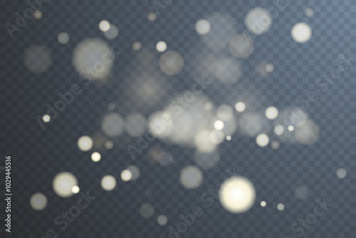 Light abstract glowing bokeh highlights. Light bokeh effect isolated on transparent background. The Christmas background shines from the dust. Christmas concept for design and illustrations.