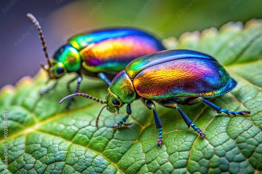 shiny iridescent beetles on leaves exotic insects shiny iridescent beetles on leaves exotic insects