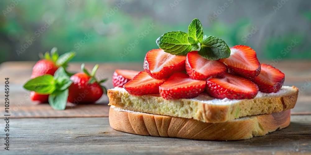 Minimalist strawberry sandwich with loaf bread and mint leaves for simple healthy breakfast Minimalist strawberry sandwich with loaf bread and mint leaves for simple healthy breakfast