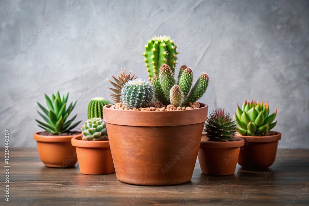 Minimalist succulent and cactus arrangement in a brown pot Minimalist succulent and cactus arrangement in a brown pot
