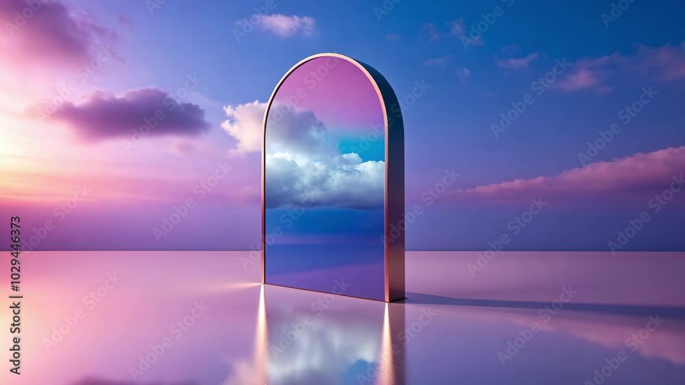 Archway with a surreal sky reflection set against a calm sunset horizon, blending the elements of nature and contemporary design for a dreamy and artistic visual experience.