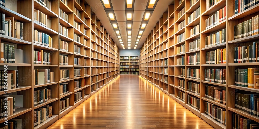 Serene aisle bookshelves modern library soft lighting warm ambiance wide-angle