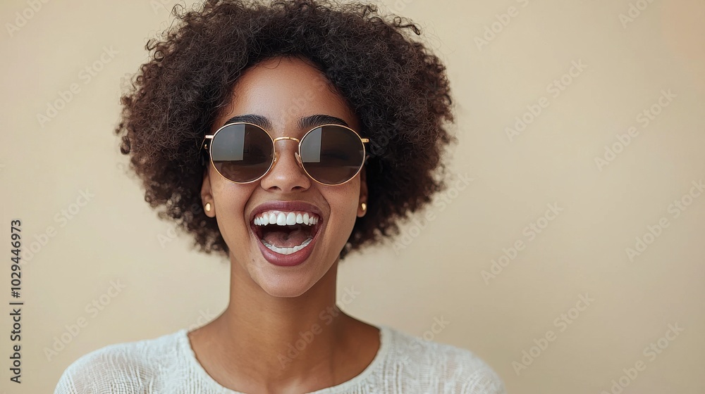 Young woman with curly hair and sunglasses smiling joyfully against a neutral background during daylight Young woman with curly hair and sunglasses smiling joyfully against a neutral background during daylight