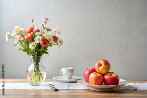 Minimalist table with apples and flower filled vase