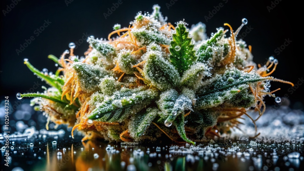 Macro View of Trichomes and Crushed Weed on Black Table for Low Light Photography Macro View of Trichomes and Crushed Weed on Black Table for Low Light Photography