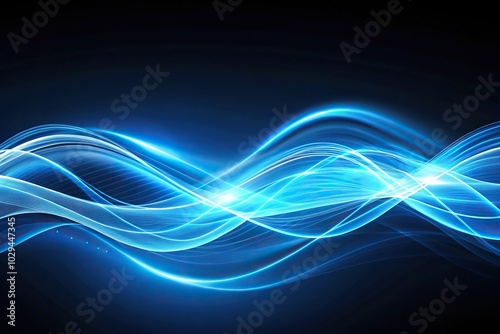 Silhouette glowing blue waves of light against dark background