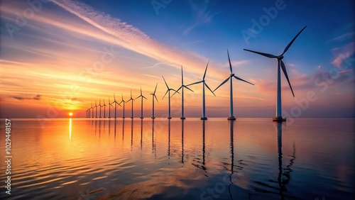 Obraz na płótnie Offshore wind farm with white turbines at dawn w salonie