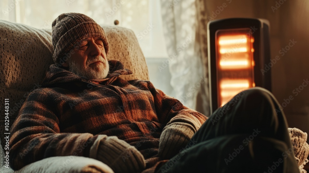 Fototapeta premium Old man warms up by heater as he gets cold at home in winter. Senior house owner in warm hat and plaid sitting in armchair and warming his hands in gloves by modern electric radiator