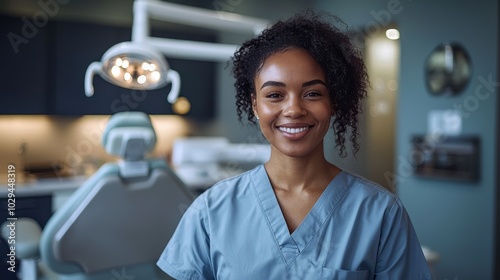 Smiling dental professional in scrubs standing confidently in a modern clinic during the daytime