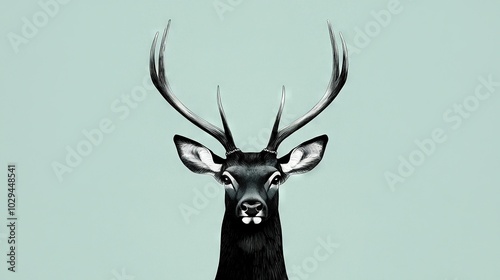  Black-and-white photo of deer head with antlers on blue background