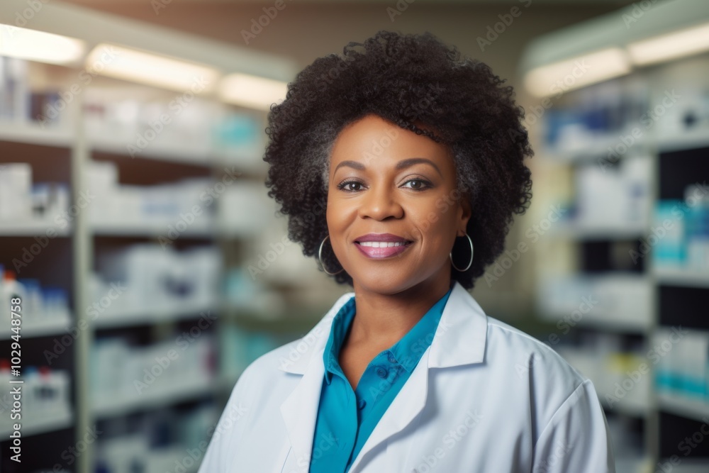 Portrait of a middle aged African American female pharmacist in pharmacy Portrait of a middle aged African American female pharmacist in pharmacy