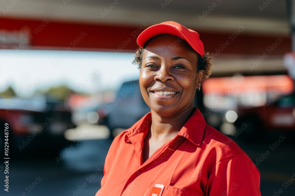 Portrait of a middle aged African American female worker at gas station Portrait of a middle aged African American female worker at gas station