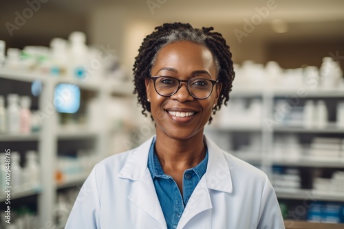 Portrait of a middle aged African American female pharmacist in pharmacy